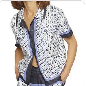 Central Park West White and Blue Printed Short-Sleeve Blouse